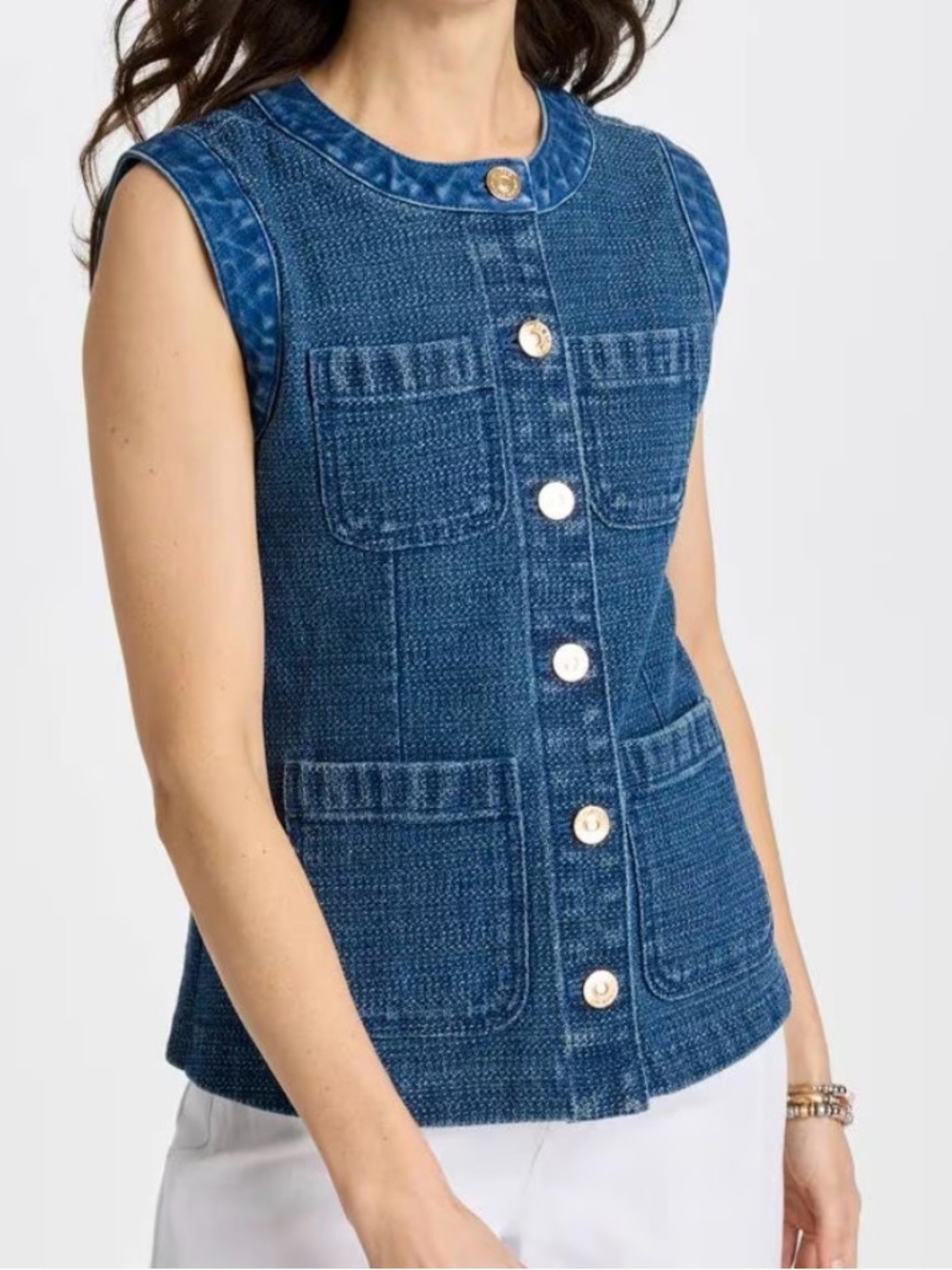 Chico's Blue Textured Denim Vest with Gold Buttons